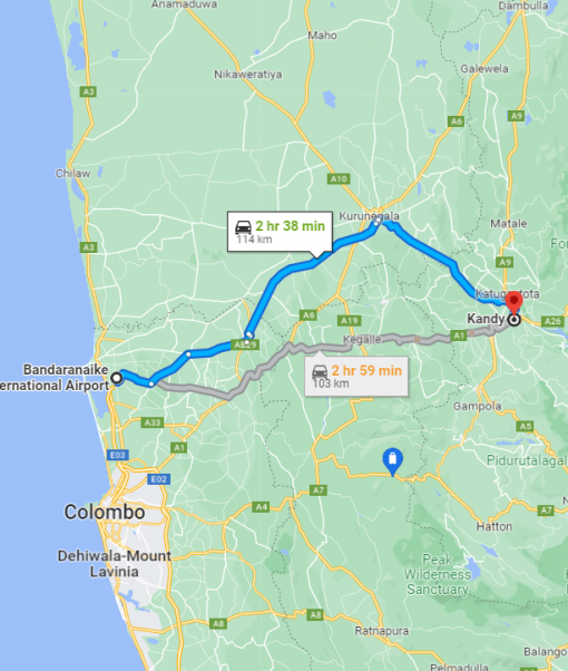 Colombo Airport Taxi Service - Colombo International Airport to Kandy City transfer Google map