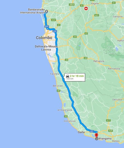 Colombo International Airport to Ahangama Transfer - Google Map Rout