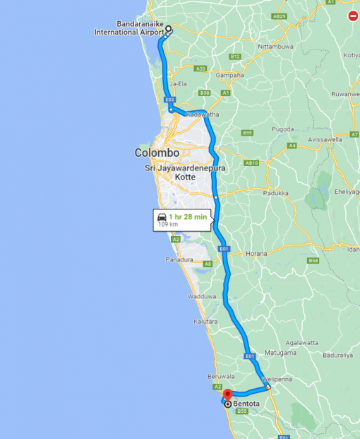 Colombo International Airport To Bentota Drop - Google Map Rout