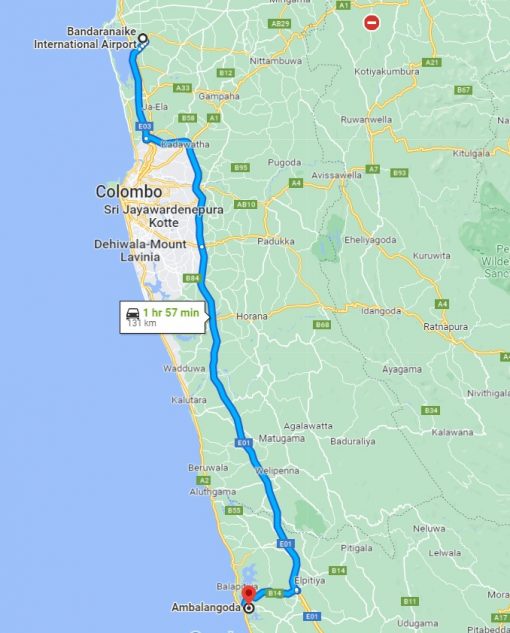 Colombo International Airport to Ambalangoda Transfer - Google Map Rout